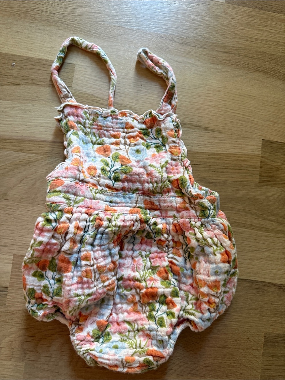 Angel Dear Peach and Green Floral Bubble Romper
